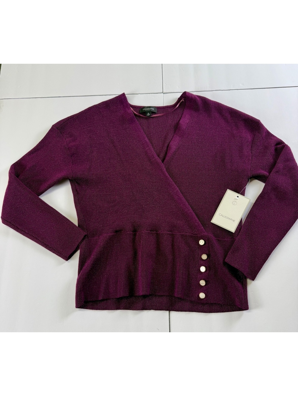 Calligraphie Women XL Plum Metallic Lurex Wrap Peplum Sweater Top NWT - Picture 1 of 9
